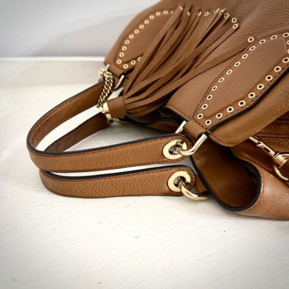 Michael Kors Brooklyn Leather Tassel Grommet Satchel Tote Bag Purse in Acorn - Picture 8 of 16